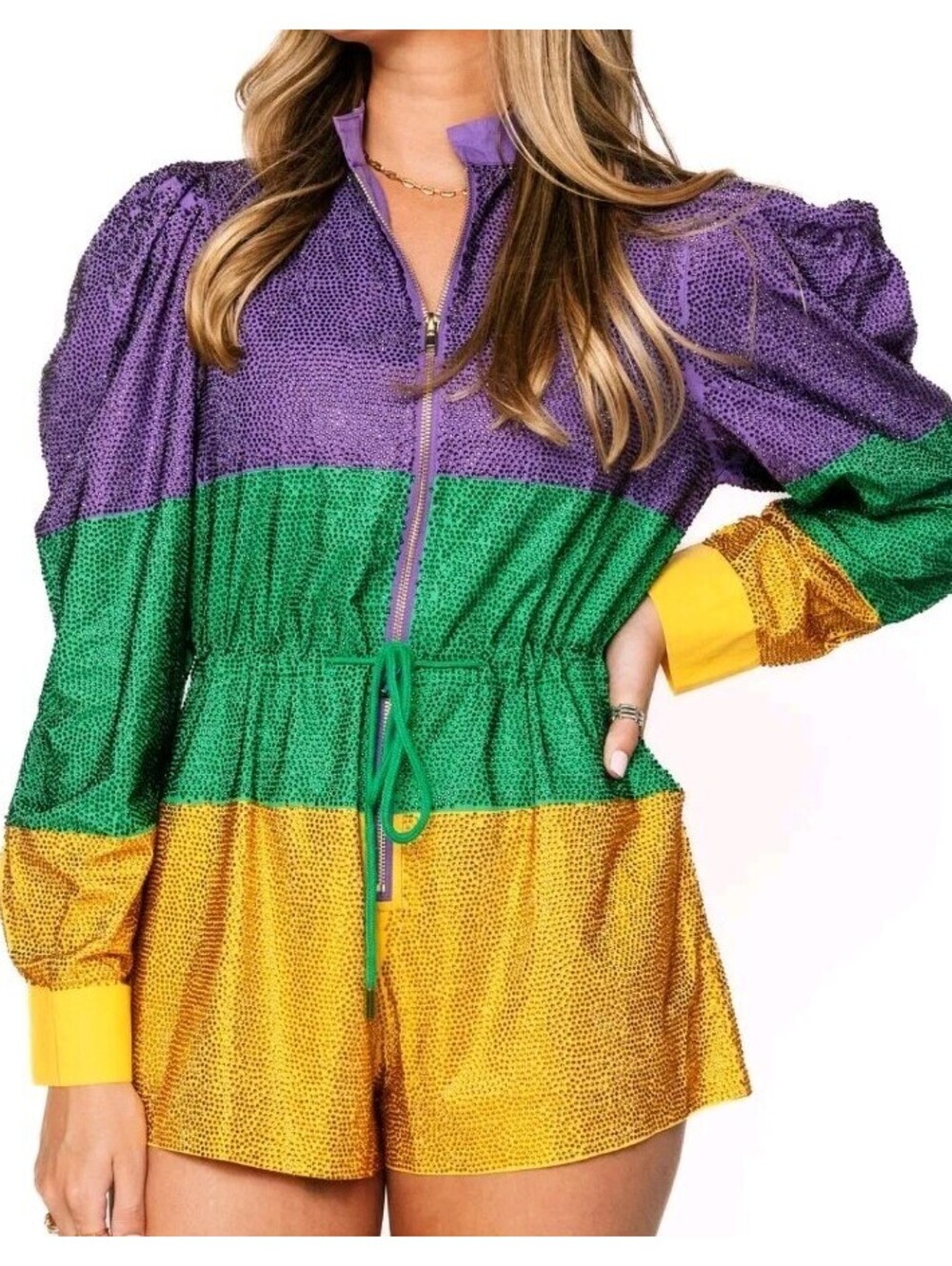 QUEEN OF SPARKLES MARDI GRAS RHINESTONE GREEN YELLOW PURPLE ROMPER XXL 2XL NWOT